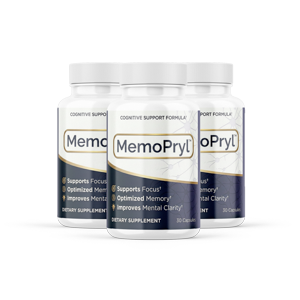 Three MemoPryl cognitive support capsule bottles — most popular 3-bottle package, 90-day supply