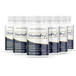 Six MemoPryl cognitive support capsule bottles — best-value 6-bottle package, 180-day supply